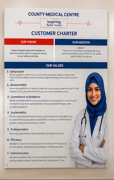 Count Medical and Diagnostic Limited customer charter board showing the hospital vision, mission and seven core values
