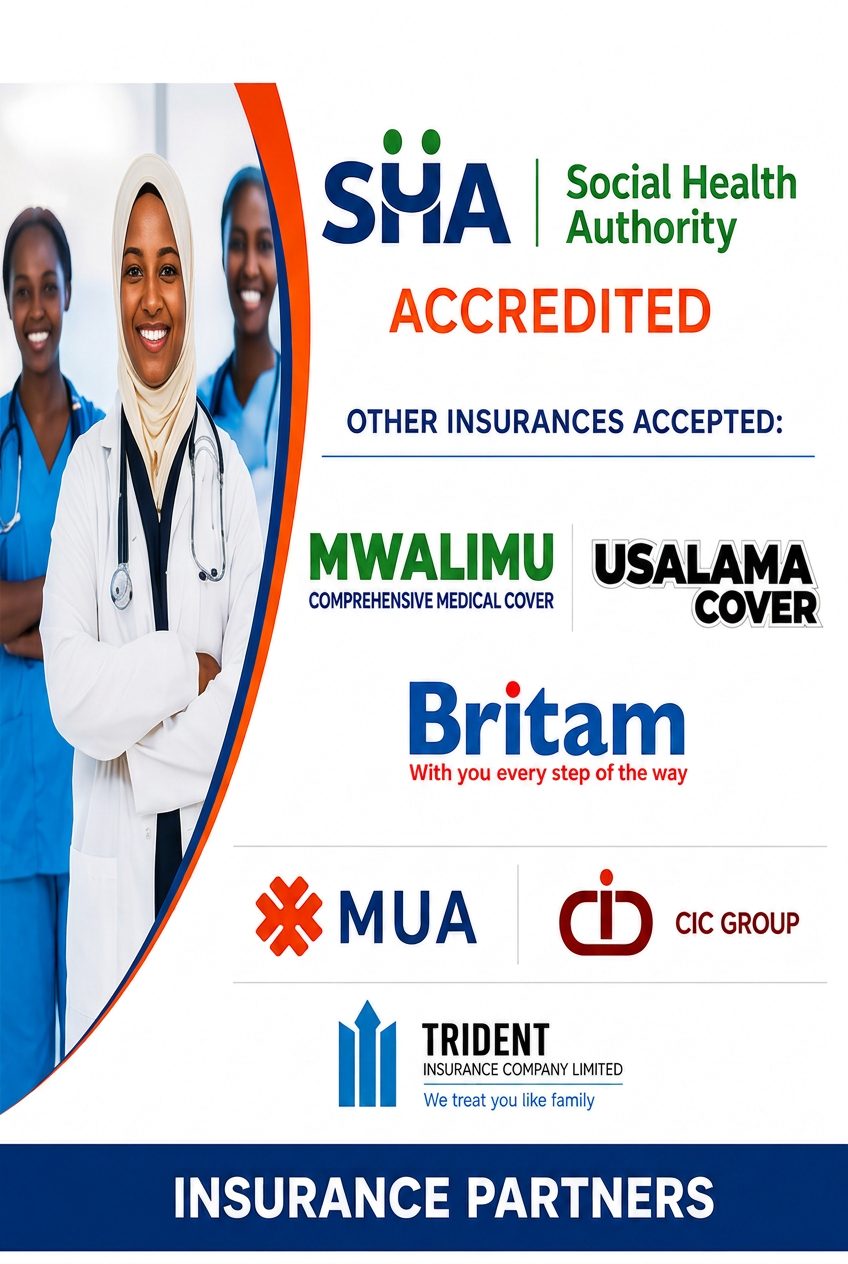 Insurance partners board: SHA Social Health Authority accredited, and accepted insurers — Mwalimu, Usalama Cover, Britam, MUA, CIC Group and Trident Insurance